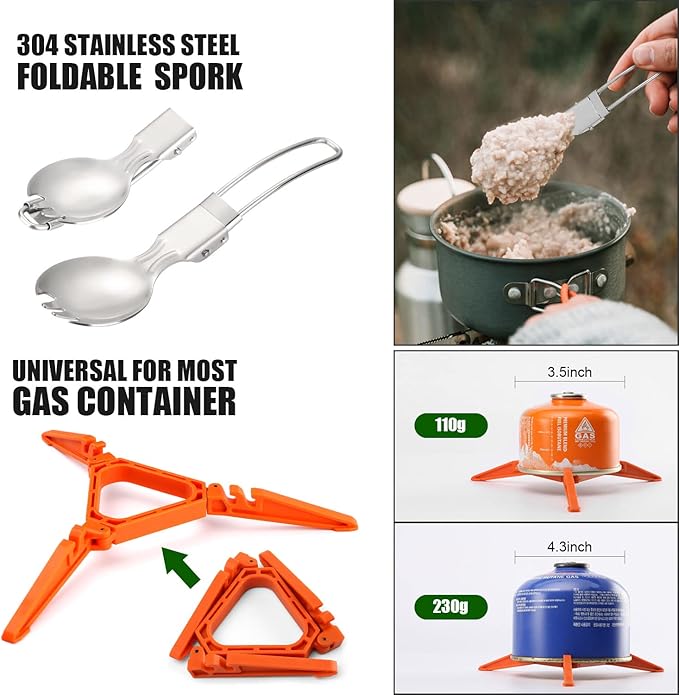 Odoland 8pcs Camping Cookware Mess Kit, Camping Pot and Pan Set with Mini Backpacking Stove, Stainless Steel Cup, Spork and Tank Bracket, Cooking Gear for Outdoor, Hiking, Picnic, Campfire, Red