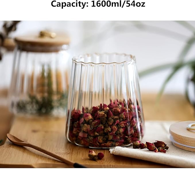 Glass Coffee Nuts Canister, Airtight Jar Bamboo Lid 54 FL OZ, Large Conical