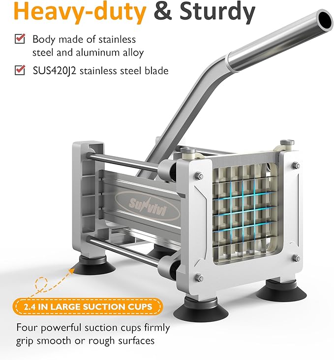 Sunvivi French Fry Cutter Stainless Steel Potato Slicer: with 2 Replaceable blades (1/2 & 3/8 Inch), Professional Fries Cutter for Potatoes, Carrots, Cucumber, Onion, Yam
