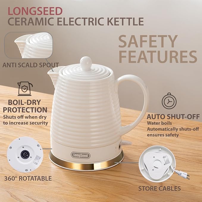 LONGSEED 1.26 Quarts Ceramic Electric Kettle with Infuser & Cups Kit, Boil Water Teapot, Boil-Dry Protection Auto Shut-off, Detachable Swivel Base, 1000W Fast Boiling for Tea and Coffee