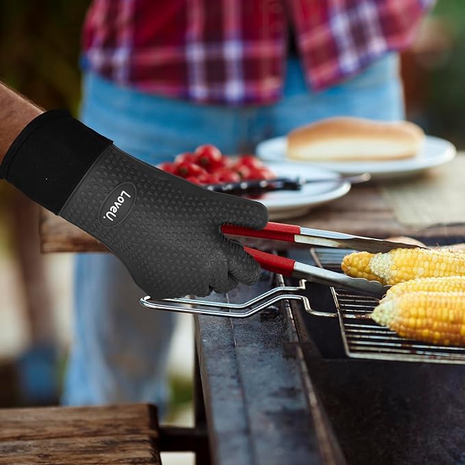 Loveuing Kitchen Oven Gloves - Dual-Layer Heat Resistant Grilling Gloves, Silicone Oven Mitts with 5 Fingers, Waterproof Non-Slip Pot Holder for Barbecue, Cooking, Baking (Small, Black Long)