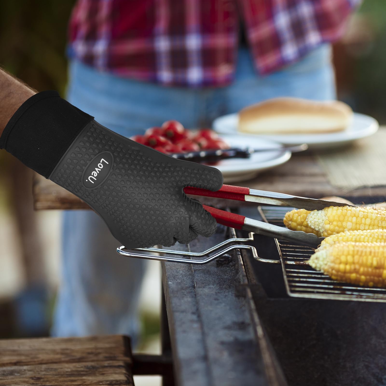 Loveuing Kitchen Oven Gloves - Dual-Layer Heat Resistant Grilling Gloves, Silicone Oven Mitts with 5 Fingers, Waterproof Non-Slip Pot Holder for Barbecue, Cooking, Baking (XL-XXXL, Black Long)