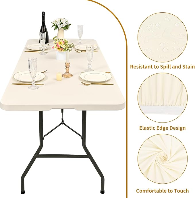REWOMC 6 Pack Stretch Fabric Table Top Cap Cover, fits 6' Tables, Spandex Table Covers Washable Elastic Rectangle Tablecloth Protector for Indoor Outdoor Party Picnic Wedding, Ivory, 30" W x 72" L