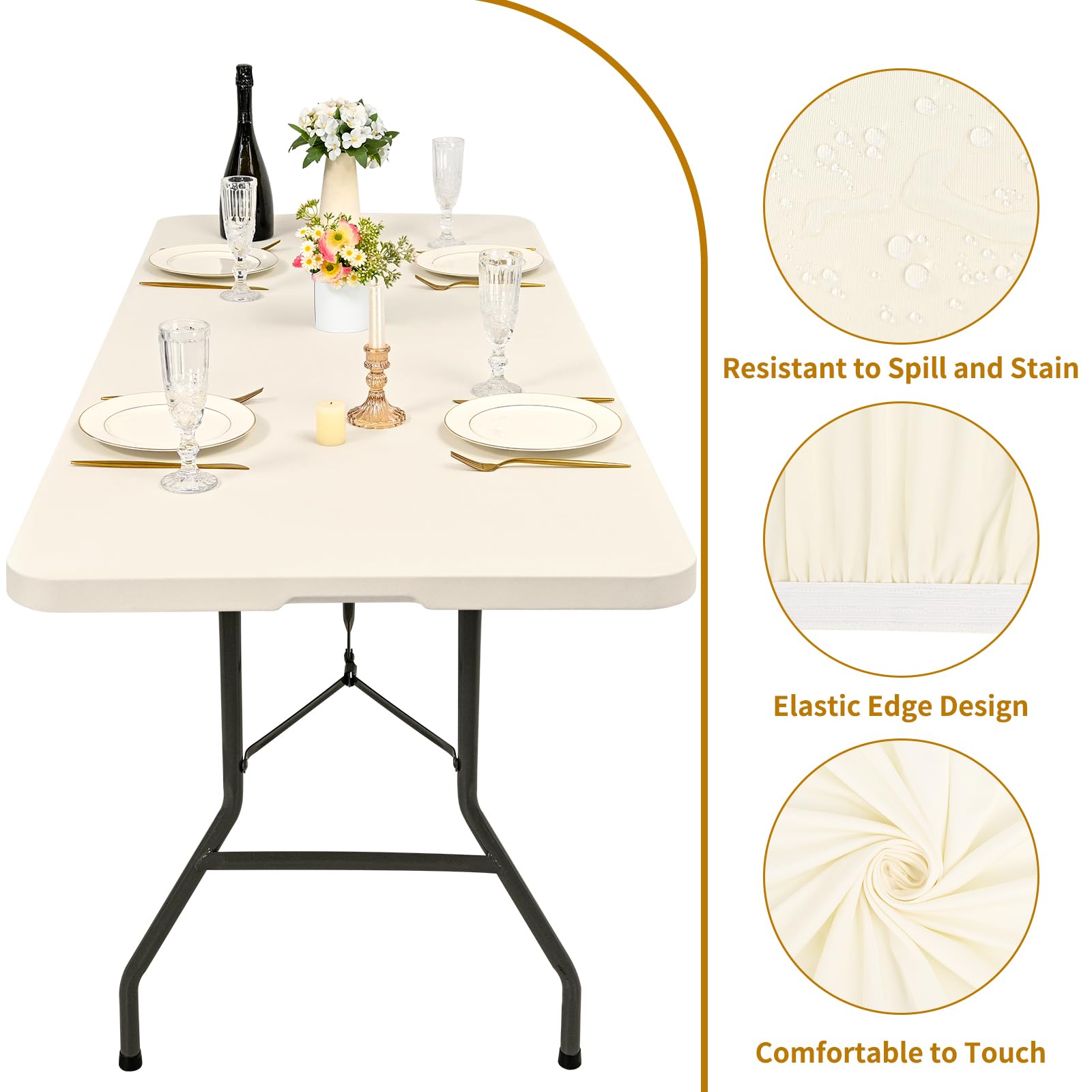 10 Pack Fitted Tablecloth for 6 Foot Rectangle Tables, Ivory Elastic Outdoor Picnic Table Cover, Washable Stretch Folding Table Cloths 6 ft for Camping Party Patio Kitchen Banquet, 30" W x 72" L