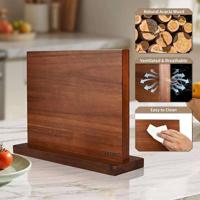 Magnetic Knife Block, Acacia Wood Kitchen Knife Holder, Multifunctional Double Side Knife Storage Organizer for Kitchen Counter ，Equipped with powerful enhanced magnets (Without knife)