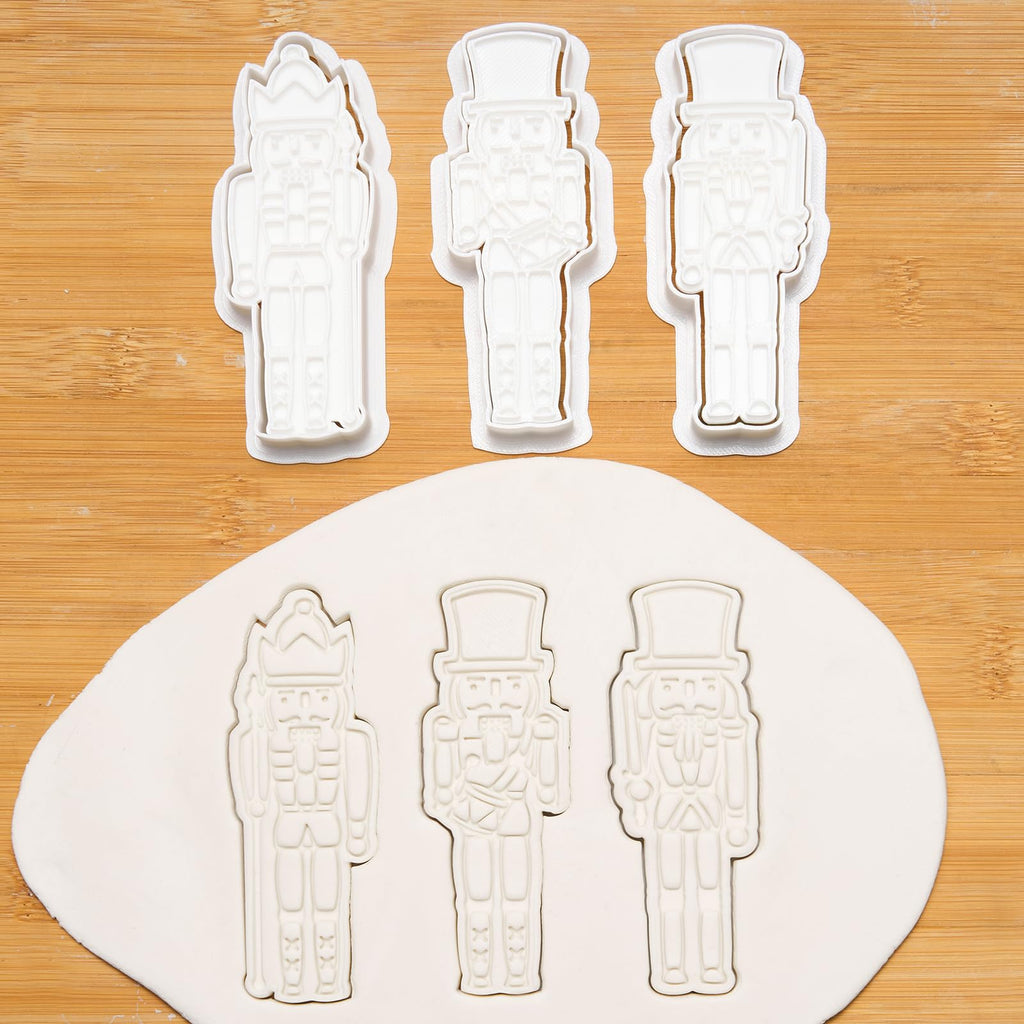 Flycalf Christmas Cookie Cutters Nutcracker Shapes with 3D Stamper Fall Holiday PLA Baking Accessories Cutter Molds Gifts for Kids Decorative Party 3.5" Kitchen Cake Supplies