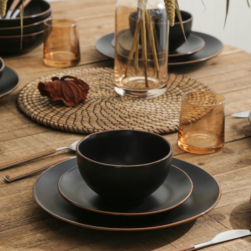 Stone Lain Brasa Stoneware 16 Piece Modern Dinnerware Set, Plates and Bowls, Service for 4, Black, Microwave & Dishwasher Safe