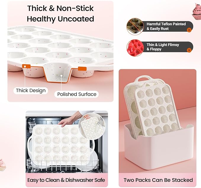 Fimary Silicone Muffin Pan with Metal Reinforced Frame - 12 Cups Muffin Pan With 24 Cups for Homemade Muffins, Cupcakes, Oven and Dishwasher Safe - Set of 2, Rainbow Dots