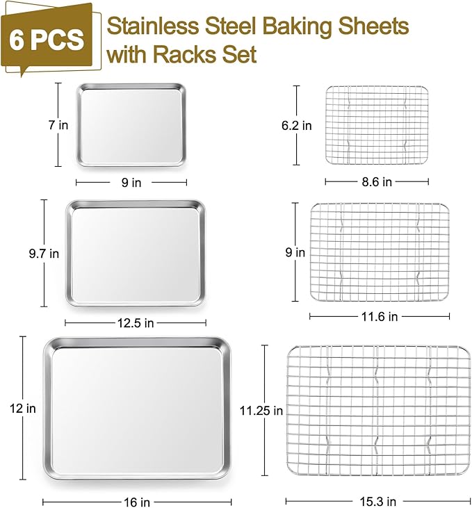 TeamFar Baking Sheet with Rack, Stainless Steel Sheet Pan-16/12.5/9 Inch