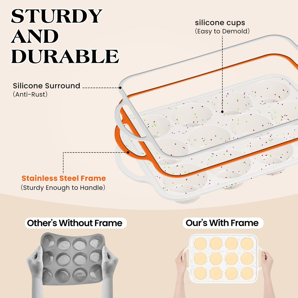 AOTASO Silicone Muffin Pan with Metal Frame, Nonstick 12 Cup Regular Size Cupcake Pan, Silicone Muffin Tray for Baking Egg Bites Muffins Cupcakes Gifts for Mom Home Baker Kitchen (1 Pc, Cream)