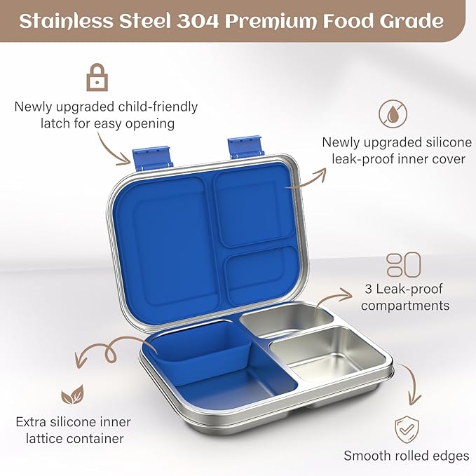 BABHAMNESS Stainless Steel Bento Box Kids, 3 Compartments Leak Proof Metal Bento Lunch Box, 304 Stainless Steel Bento Lunch Containers for School and Office,Dishwasher Safe, BPA-Free-Blue