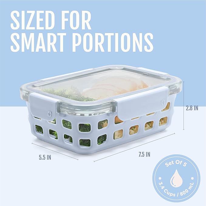Ello Duraglass 3.4 Cup Glass Meal Prep Containers, 10 Pc, 5 Pack, Halogen Blue