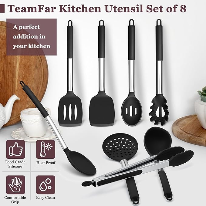 TeamFar Kitchen Utensils Set of 8, Silicone Utensils Kitchen Tools Set