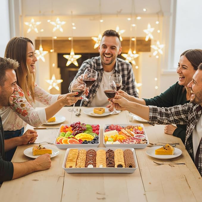 Lifewit 4 Pcs Serving Tray for Party Supplies, Reusable Plastic Food Serving Platter for Dessert, Snacks, Fruit, Cookies, Appetizers & Charcuterie, BPA-Free White Catering Trays for Buffets Display