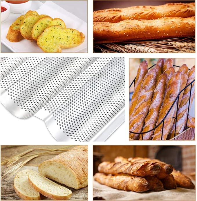 AYCCNH Stainless Steel Perforated French Baguette Bread Pan 3 Waves Toaster Oven Baking Tray (15"x10") with Large Bread Proofing Cloth (17.7" x 30.3")