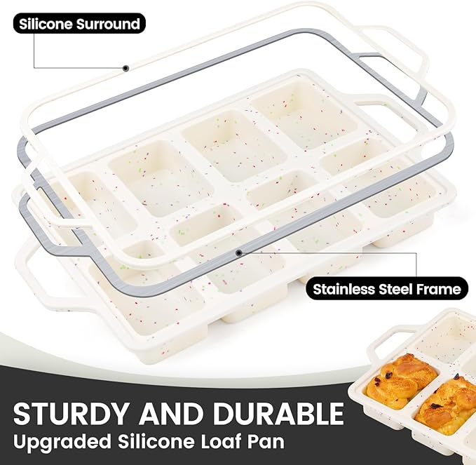 Vinino 2 Pack Mini Silicone Loaf Pans with Metal Reinforced Frame, 8-Cavity