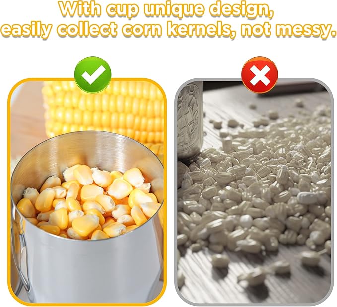 YYP Corn Cutter Peeler, Corn Cob Stripper with Cup [No Splatters or Mess], 304 Stainless Steel Corn on the Cob Remover Kitchen Tool, Corn Kernel Shucker Separator Slicer with Serrated Sharp Blade
