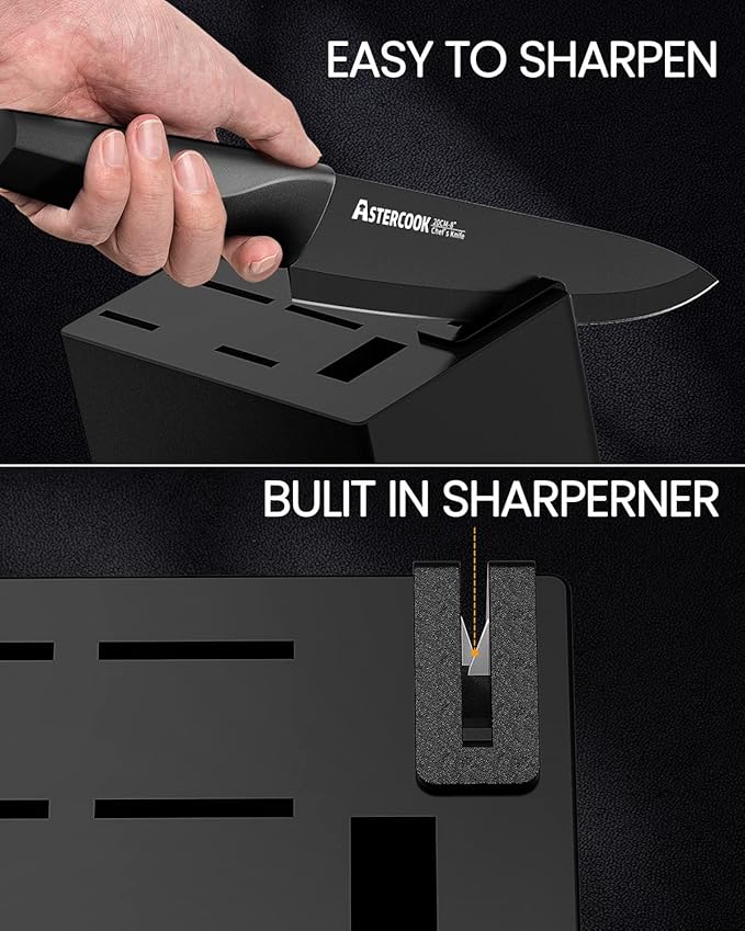 Astercook 15 Pieces Kitchen Knife Block Set with Sharpener, Black