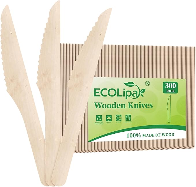 ECOLipak 300 Count Compostable Wooden Disposable Knives for Party, Dinner