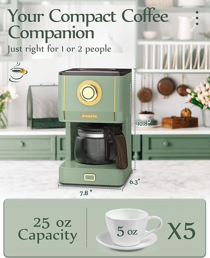 Amaste Drip Coffee Maker, Coffee Machine with 25 Oz Glass Coffee Pot, Retro Style Coffee Maker with Reusable Filter & Three Brewing Modes, Warming Plate, Matcha Green