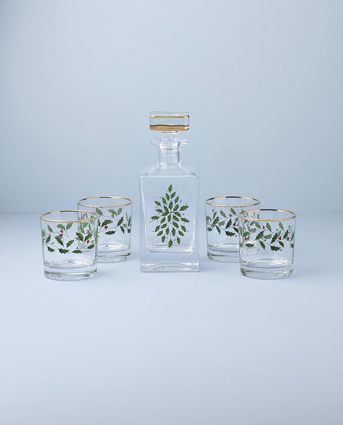 Lenox Holiday 5-Piece Whiskey Christmas Decanter and Glass Set
