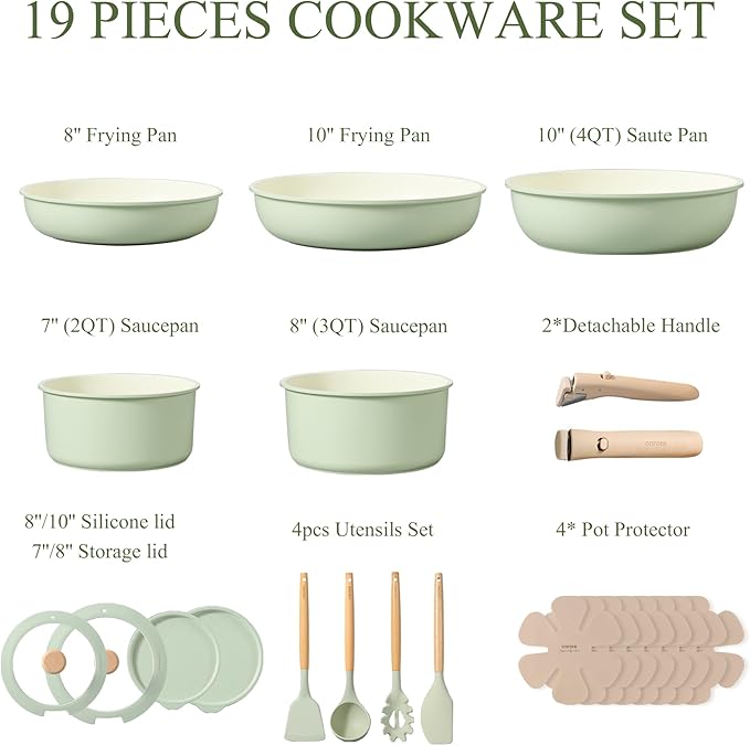 CAROTE 19pcs Pots and Pans Set Non Stick, Detachable Handle Cookware