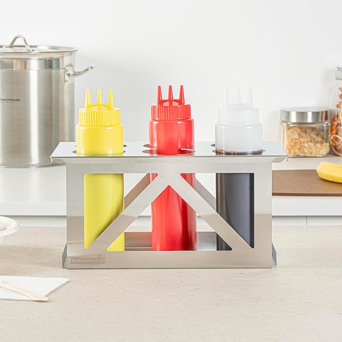 Restaurantware Squeeze Bottle Organizer 1 Count 12.79 x 7.09 x 6.26 Inch Durable Stainless Steel Condiment Dispenser Rack Six Hole Easy-To-Clean Holder Silver Rectangular Design for Commercial Kitchen