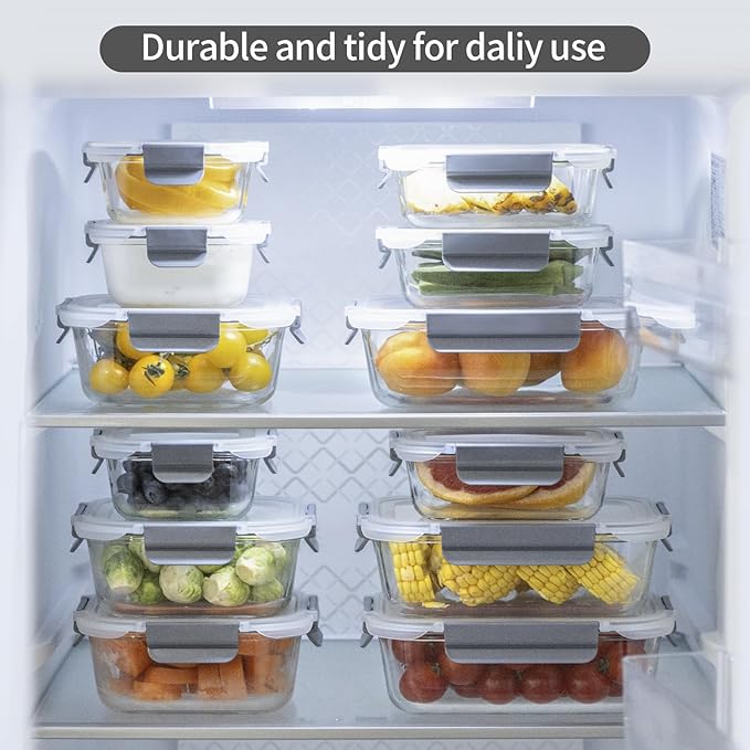 S SALIENT 24 Pieces Glass Food Storage Containers with Lids,Glass Meal Prep Containers Set with Locking Lid,Airtight Glass Lunch Container for Kitchen,BPA Free(12 Lids & 12 Containers)
