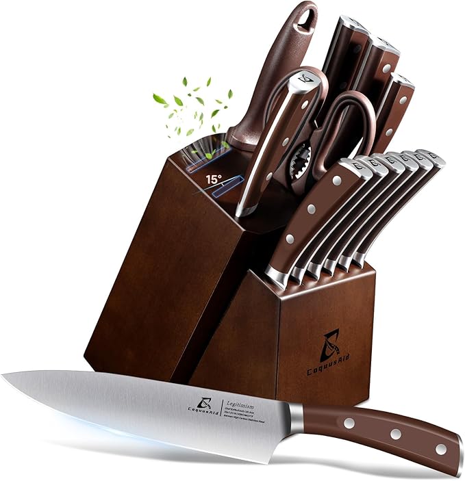 CoquusAid Knife Set, Upgrade 15 Pcs Knife Block Set with Widened Ventilated Slot, German Stainless Steel Kitchen Knives Set with Sharpener, Professional Chef Knives Set, Full Tang Ergonomic Handle