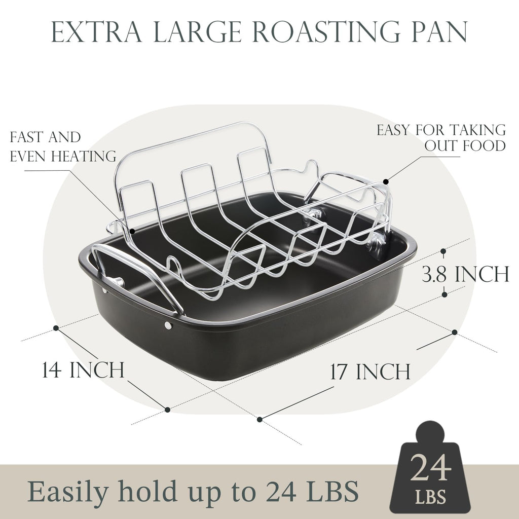 KITESSENSU Nonstick Turkey Roasting Pan with Rack 17 x 14 inch - Large Chicken Roaster Pan for Oven - Wider Handles & Heavy Duty Construction - Suitable for 24lb Turkey, Gray