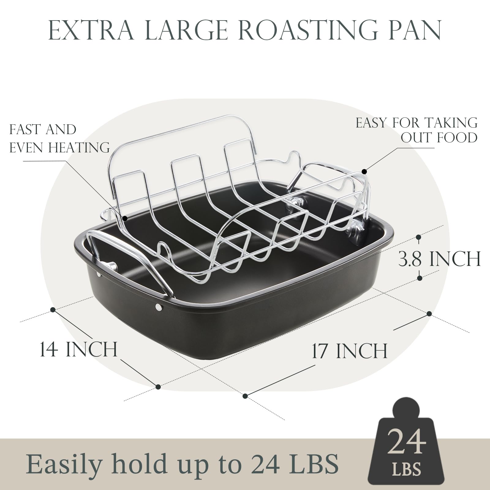 KITESSENSU Nonstick Turkey Roasting Pan with Rack 17 x 14 inch - Large Chicken Roaster Pan for Oven - Wider Handles & Heavy Duty Construction - Suitable for 24lb Turkey, Gray