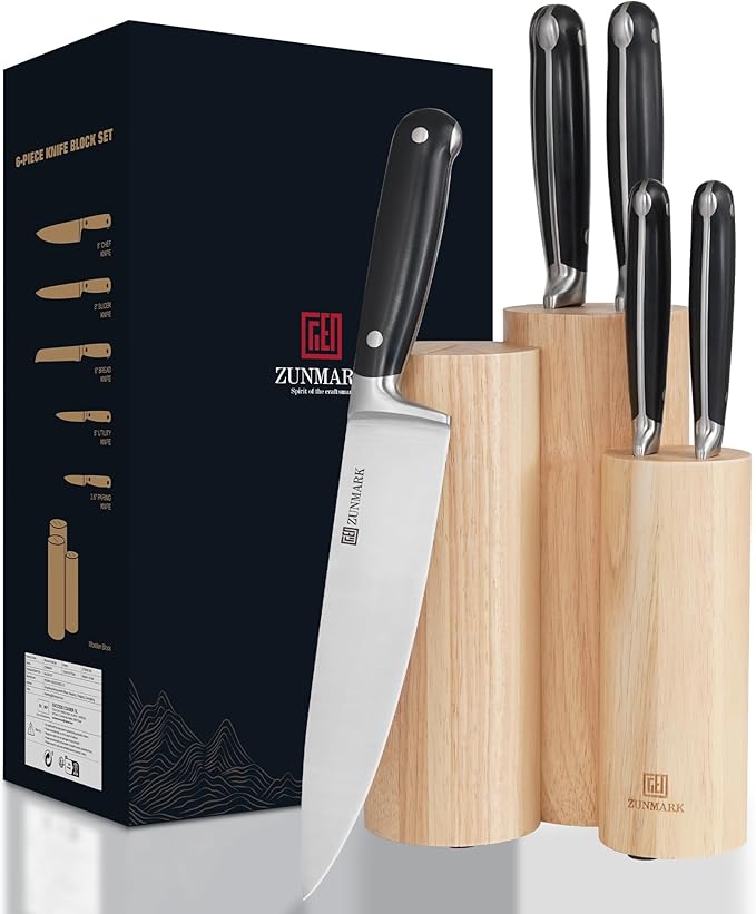 ZUNMARK Kitchen Knife Set, Skylark Series 6-Piece High Carbon X50CrMoV15 Steel Professional Chef Knife Set with Solid Wood Block, Unique Design Knife Block Set, Dishwasher Safe, Elegant Black