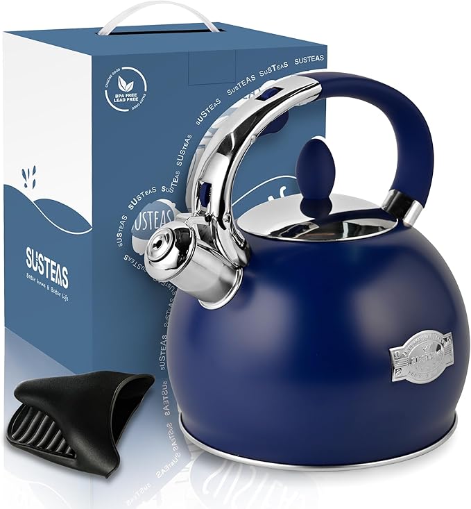 SUSTEAS Whistling Tea Kettle, 2.7QT Food-Grade Steel Teapot, NAVY BLUE