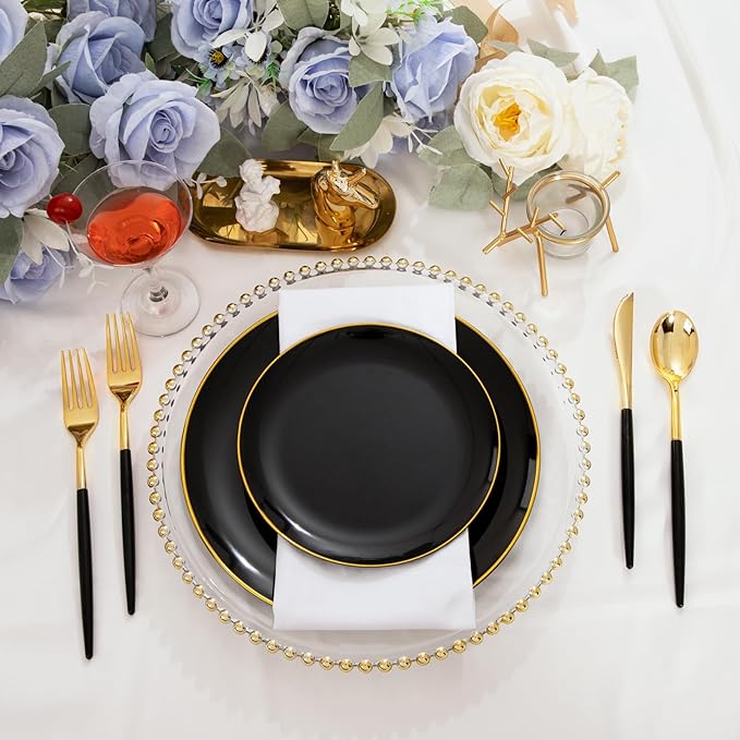 I00000 144Pcs Black Plastic Silverware Set, Gold Utensils with Black Handle
