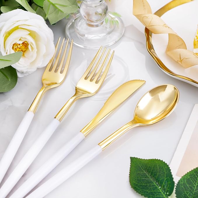 I00000 300 Pcs Gold Plastic Silverware Set, Gold Utensils with White Handle
