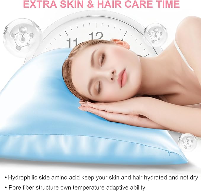 Silk Pillow Cases 2 Pack Standard Size with Hidden Zipper, Mulberry Silk Pillowcase for Hair and Skin, Smooth and Soft Breathable Cooling Silk Satin Pillowcase Set of 2, Gifts for Women，Sky Blue