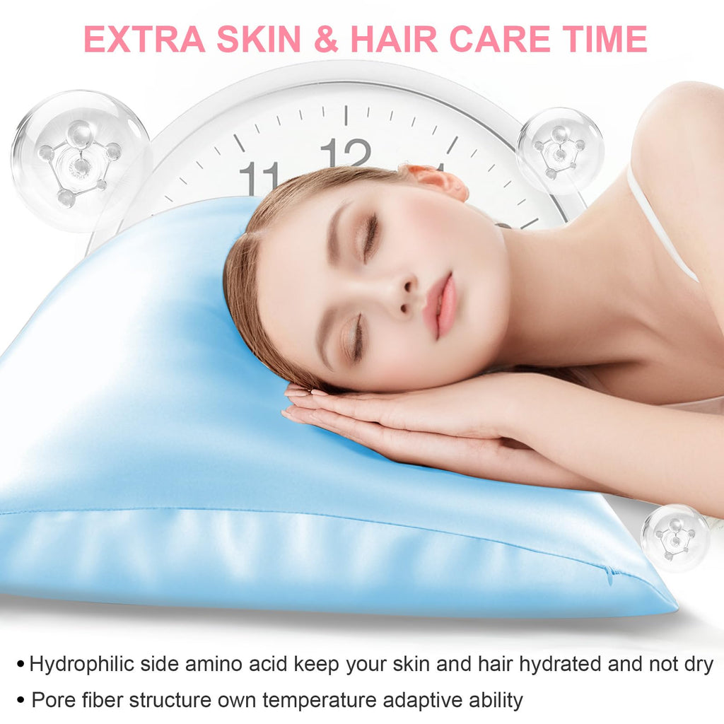 Silk Pillow Cases 2 Pack Standard Size with Hidden Zipper, Mulberry Silk Pillowcase for Hair and Skin, Smooth and Soft Breathable Cooling Silk Satin Pillowcase Set of 2, Gifts for Women，Sky Blue