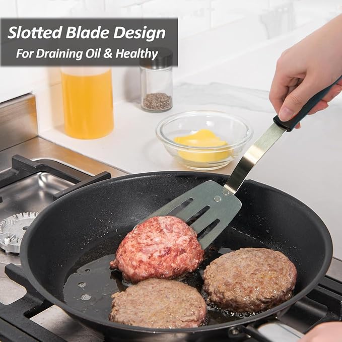 Stainless Steel Spatula, Flexible Metal Slotted Turner for Cast Iron Skillet, Thin Blade and Heat Resistant Silicone Handle, Great for Egg, Cookie, Meat, Crep, Small