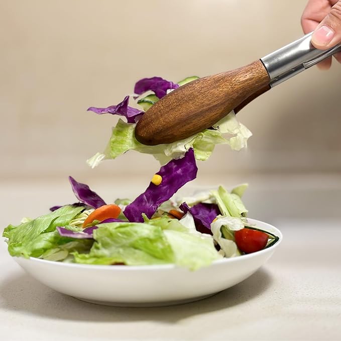 Wooden Tongs for Cooking with Walnut Wood Tips, Serving & Salad Tongs