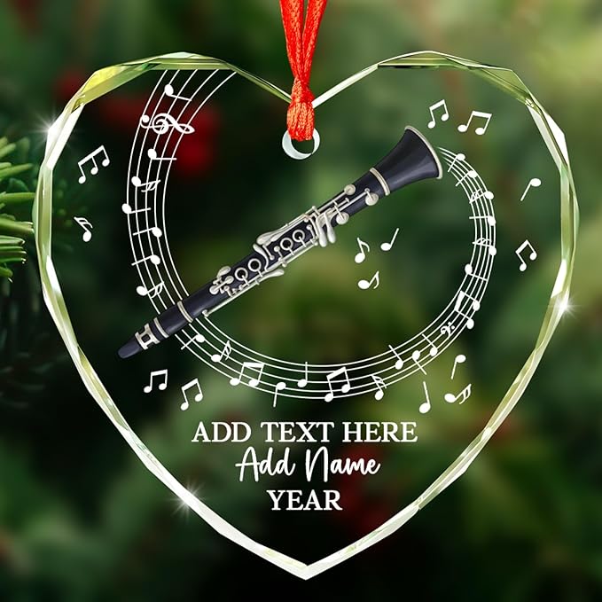 Personalized Text Name Year Clarinet Instrument Glass Ornament, Custom Clarinet Player Christmas Ornaments 2026, Clarinetist Xmas Tree Hanging Ornament, Xmas Decor Gift for Friend Coworker