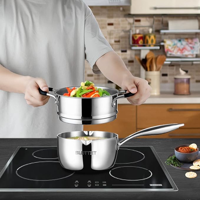 SLOTTET 3.5 Quart Stainless Steel Saucepan with Steamer, Tri-Ply Full Body Small Multipurpose Pot with Pour Spout,Strainer Glass Lid, 3 Qt Sauce Pan for Cooking with Stay-cool Handle.