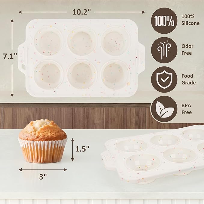 2 Pack Silicone Muffin Pan - Non Stick Collapsible Metal-Reinforced Frame Cupcake Pan with Handles 6 Cup Regular, BPA Free Cupcake and Medium Muffin Tray, Baking Pan Molds for Oven Dishwasher Safe