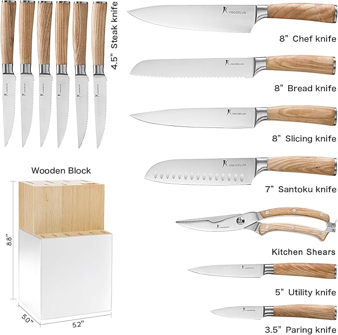 Kangdelun Ultra Sharp 14-Piece Kitchen Knife Set, High Carbon Stainless Steel Blades, Torrefied Natural Wood Handles, Ergonomic Design, Space-Saving White-Finished Wood Block, Easy Hand Wash, Gift Box