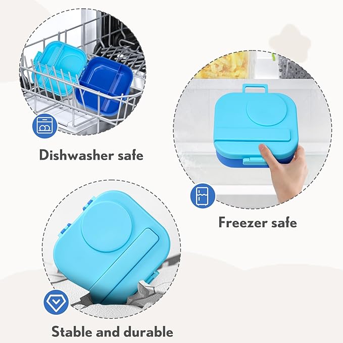 BOSEDSANG Bento Lunch Box for Kids with 12oz Soup Thermo,4 Compartments Lunch Box Containers Kids, Spoon&Sauce Jar, BPA Free&Leak proof,Insulated Food Jar for Travel((Blue)