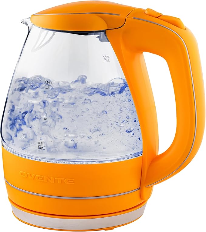 OVENTE 1.5L Glass Electric Kettle Water Boiler, Orange KG83O