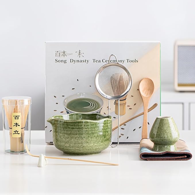Matcha 7-Piece Set, Japanese Matcha Ceremony Kit with Chawan Bowl, Bamboo Whisk and Strainer, Great Gifts for Mom, Grandma, Wife, Women, Birthday, Mother’s Day, Graduation, Home Decor (Matcha Green)
