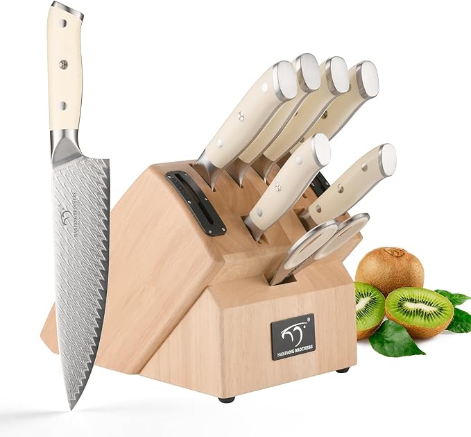 NANFANG BROTHERS® 10-Piece VG10 Damascus Knife Set, Rubberwood Block