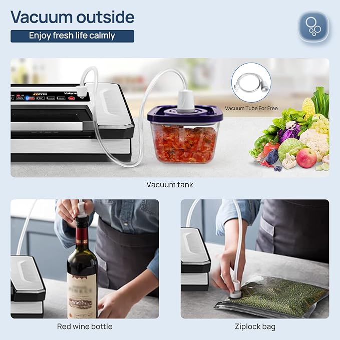 Vakumar Vacuum Sealer Machine, 90Kpa Liquid Food Vacuum Sealer Machine Preservation Dry/Moist/Liquid Modes, LED Indicator Light, Handle Locked Design, Built-in Cutter and Bag Storage, Starter Kit