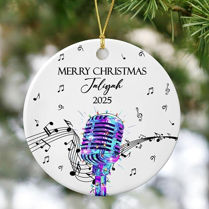 Customized Microphone Recording Ceramic Ornament, Personalized Year Text Name Microphone Lover Ornaments Gift for Women Men Inger Vocalist Musical, Unique Vocals Microphone Ceramic Xmas Ornament 2026