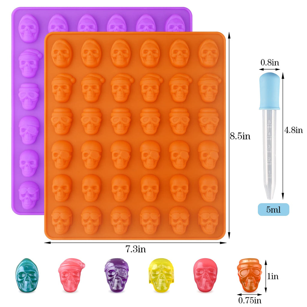 HUAKENER Gummy Skull Candy Molds, 2 Pack Chocolate Molds with 2 Dropper, Silicone Molds for Chocolate, Candy, Jelly, Dog Treats, Ice Cube, Resin Casting
